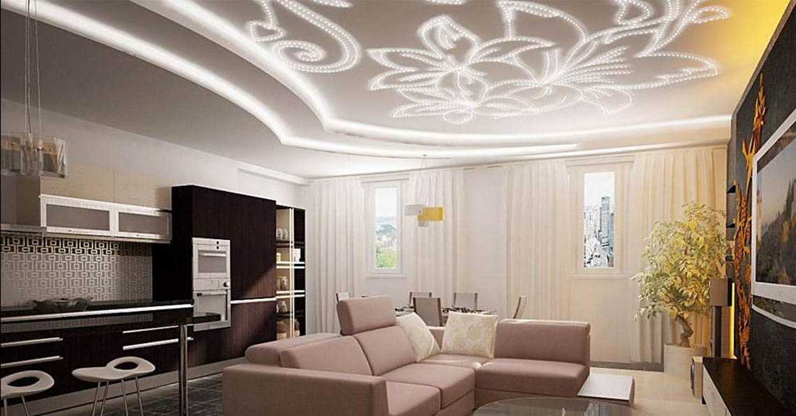 Дизайн гипсокартонного потолка в зале - фото примеров