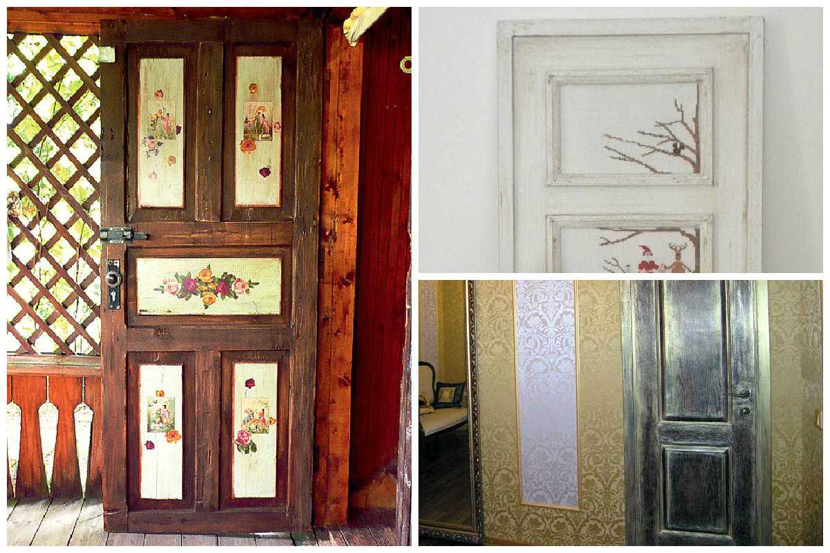 Как освежить и облагородить старые деревянные двери Обклейка пленкой декорирование под старину накладки декупаж фото-обои и другие варианты
