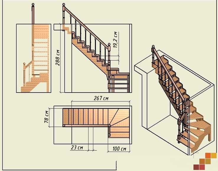 Двухмаршевая деревянная лестница с площадкой Поворот на 90° и 180° Подробная инструкция по расчету и сборке своими руками