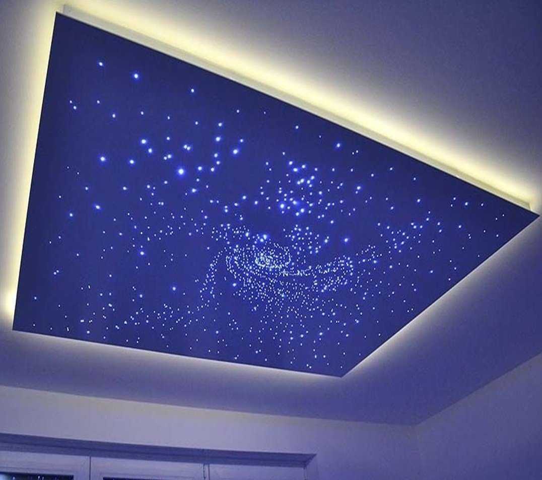 Способы обустройства потолка "Звездное небо" с пошаговыми инструкциями и рекомендациями: натяжной потолок с оптоволоконными нитями или светодиодами